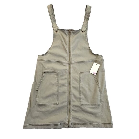 SO Overall Pinafore Dress Size Large Zip Front Army Green Jumper Pockets NWT - Picture 1 of 12